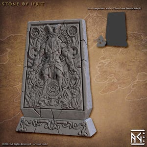 May include: A gray stone sculpture of the Stone of Ifrit, featuring a detailed relief of a horned figure with intricate carvings. The base has decorative scrollwork. Text at the top reads "STONE OF IFRIT". A size comparison is included.
