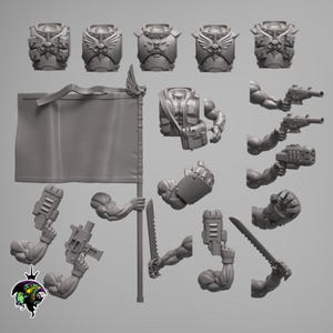 Puede incluir: Una colección de figuras en miniatura grises, que incluyen piezas de armadura, brazos que sostienen armas y una pancarta. Las piezas de armadura presentan diseños detallados, y los brazos sostienen varias armas como pistolas y espadas. La pancarta es lisa.