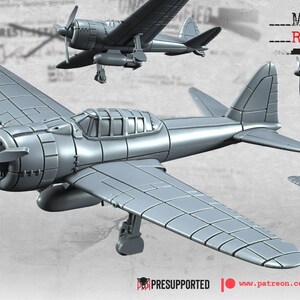 Puede incluir: Modelo gris de un avión japonés Zero con hélice y alas, mostrado desde múltiples ángulos. La imagen incluye el texto "March Release" y "Japanese Zero". El logotipo de War Bear Studios también es visible.