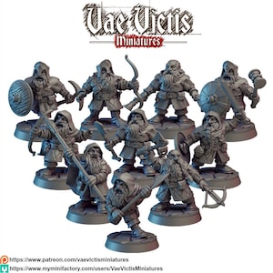 May include: A collection of miniature dwarf figurines in various poses, each with detailed beards, armor, and weapons. Some dwarves hold shields, bows, axes, and hammers. The figurines are on circular bases, with the text "Vae Victis Miniatures" at the top.