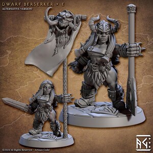 Op de afbeelding: Een grijze Dwarf Berserker-figuur met een gehoornde helm, met een banner met een schedelontwerp en een paalwapen. Er is ook een kleinere versie van het beeldje aanwezig, met een zwaard. De tekst "DWARF BERSERKER + E" en "ALTERNATIVE VERSION!" is zichtbaar.