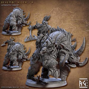 Op de afbeelding: Een gedetailleerde grijze miniatuur van een fantasie-krijger die op een neushoornachtig beest rijdt. De ruiter houdt een grote bijl vast. De afbeelding bevat de tekst "BEHEMOT RIDER + B ALTERNATIVE VERSION!" en de copyrightvermelding.