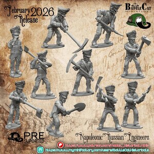 Op de afbeelding: Een verzameling grijze miniatuurfiguren van Napoleontische Russische ingenieurs, geposeerd met gereedschap zoals pikhouwelen en schoppen. De figuren staan op ronde bases. De afbeelding bevat de tekst "February 2026 Release" en "PRE SUPORTED".