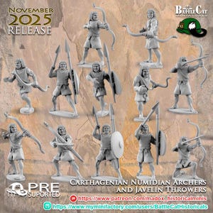 May include: A collection of unpainted miniature figures of Carthaginian Numidian archers and javelin throwers. The figures are in various action poses, holding bows, spears, and shields. The text reads "November 2025 Release" and "PRE SUPPORTED".