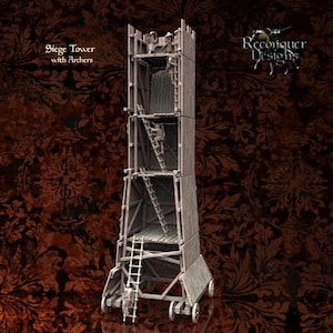 May include: A wooden siege tower with archers, featuring multiple levels accessible by ladders. The tower is mounted on wheels and has the text "Siege Tower with Archers" on the side. The background has a dark, patterned design.