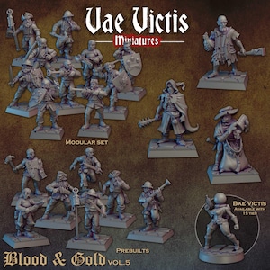 May include: A selection of miniature figurines, depicting soldiers and fantasy characters, presented on individual bases. The image includes the text "Vae Victis Miniatures" and "Blood & Gold Vol. 5". Some figures are labeled as "Modular Set" and "Prebuilts".