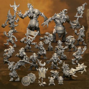 May include: A selection of grey fantasy miniatures, featuring goblins and larger, muscular figures. Some figures hold weapons or banners, while others are posed in action. The miniatures are detailed and appear to be made of resin.