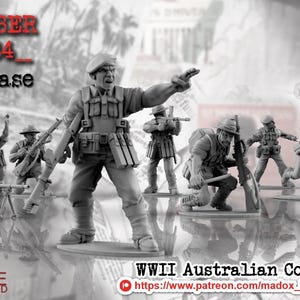 Könnte beinhalten: Werbebild für die Veröffentlichung von WWII Australian Commandos Miniaturen im Oktober 2024. Das Bild zeigt mehrere graue Figuren von Soldaten in verschiedenen Posen, mit Gewehren und Ausrüstung. Der Text "OKTOBER 2024 Release" ist oben zu sehen. Die Miniaturen sind vorgestützt.