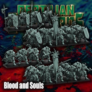 May include: A collection of miniature figurines of armored warriors, each holding weapons such as spears, axes, and swords. The figurines are gray and stand on black bases. The text "REPTILIAN RAGE" and "Blood and Souls" are visible.