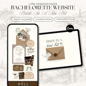 Può includere: Un modello di sito web digitale per addio al nubilato con 5 pagine pre-progettate, il testo Bride In A Tini Bit, guida passo dopo passo, timer per il conto alla rovescia e modulo RSVP. Include grafiche marroni e bianche di buste e bicchieri da martini.
