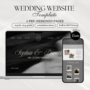 May include: A wedding website template displayed on a laptop and smartphone. The laptop screen shows "Sophia & Daniel ARE GETTING MARRIED" with the date July 22, 2027. The phone displays a gray and white design with photos and text. The text includes "WEDDING WEBSITE Template".