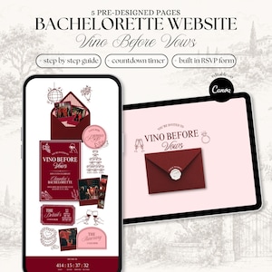 May include: A digital bachelorette website template featuring 5 pre-designed pages with the text Vino Before Vows, step by step guide, countdown timer, and built in RSVP form. The design includes burgundy envelopes, wine glasses, and ring icons.