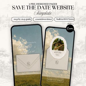 Elegante modello di sito web per annunciare la data del matrimonio con pizzo da giardino, con conferma di partecipazione e conto alla rovescia. Invito digitale classico in pizzo avorio stile old money.