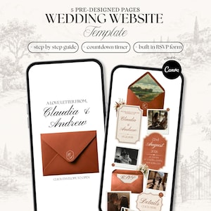Op de afbeelding: Twee smartphones die een trouwwebsite sjabloon tonen. Het sjabloon bevat vooraf ontworpen pagina's, een countdown timer en een RSVP formulier. Het ontwerp bevat een liefdesbrief van Claudia & Andrew en is bewerkbaar op Canva.
