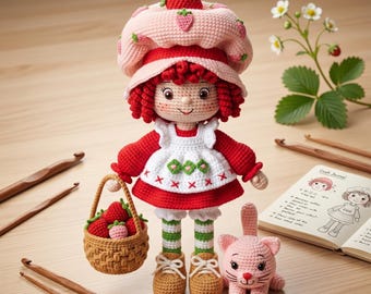 Strawberry Shortcake Crochet Doll Pattern, Amigurumi Tutorial, Basket, Kitten (PDF Download)