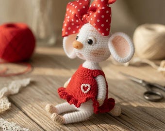 Handmade Crochet Mouse Doll – Red Dress Polka Dot Bow Amigurumi Gift
