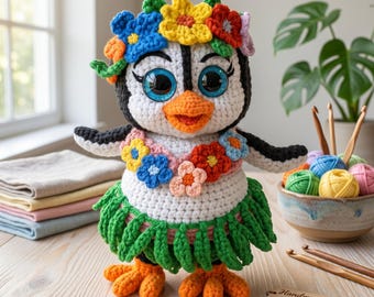 Hawaiian Hula Penguin Amigurumi Crochet Pattern PDF | Flower Crown + Grass Skirt | Tropical Instant Download