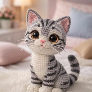 May include: A crocheted cat figurine featuring grey and white yarn with dark grey stripes. The cat has large, round, dark brown eyes, a small pink nose, and white whiskers. It is sitting in an upright position with its tail curled upward.