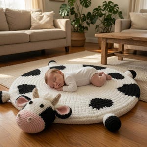 May include: A round, white, crocheted floor mat featuring a black cow-spotted pattern. The mat includes a three-dimensional, stuffed cow head with pink accents, small horns, and four black-tipped limbs extending from the circular base.