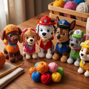 May include: A collection of handmade crochet Paw Patrol character figures, such as Chase and Marshall, are arranged on a wooden surface. Balls of colourful yarn and crochet hooks are also visible, indicating a crafting project.