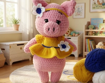 Crochet Plush Pig Pattern PDF | Complete Amigurumi Pig Toy with Clothes | Step-by-Step Blueprint + Outfit