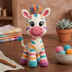 Op de afbeelding: Een handgemaakt gehaakt zebra-speelgoed met een witte body en kleurrijke strepen in oranje, blauw en paars. De zebra heeft een roze snuit, grote zwarte ogen en een regenboogmanen. Een kom met garenballen en een haaknaald zijn in de buurt.