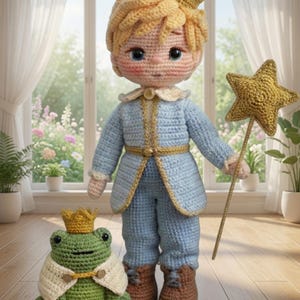Peut inclure: Une poupée crochetée représentant une jeune personne aux cheveux blonds portant une couronne dorée, une veste bleu clair et un pantalon, tenant une baguette en forme d'étoile dorée. À côté se trouve une grenouille crochetée verte avec une couronne.