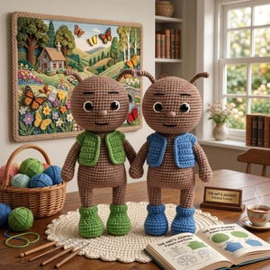 May include: Two handmade crochet ant dolls, one in a green vest and boots, the other in blue. They stand on a cream-colored doily, with a basket of yarn and a landscape tapestry in the background. A book titled "The Ant's Journey" is open on the table.