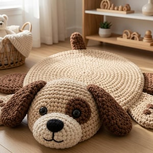 May include: A round, crocheted floor rug shaped like a puppy, featuring a beige body, dark brown floppy ears, a dark brown eye patch, a black nose, and black button eyes. The rug includes four paws with dark brown accents and a small tail.