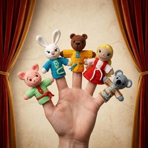 May include: A hand displaying five colorful crochet finger puppets: a pig, a bunny, a bear, a girl, and a koala. The puppets are in shades of pink, white, brown, yellow, blue, and red. The background features a vintage-style curtain.