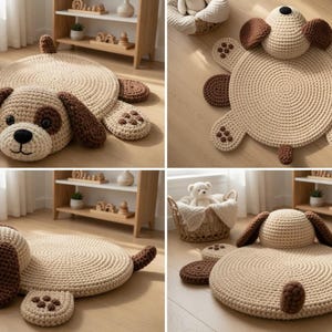 May include: A circular crochet rug shaped like a dog, featuring a beige body with dark brown ears, a brown eye patch, and a black nose. The rug includes four paw-shaped accents with dark brown detailing and a small tail, crafted in yarn.