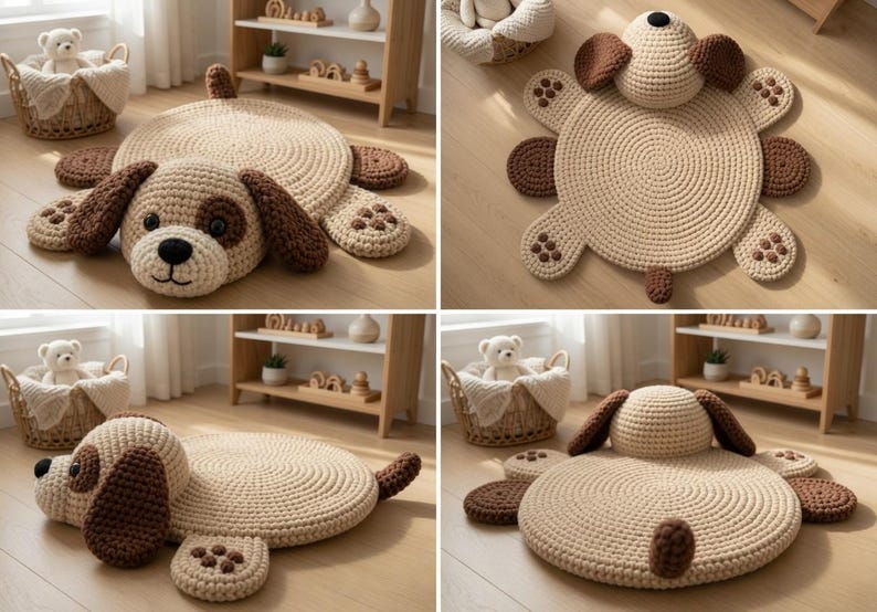 May include: A circular crochet rug shaped like a dog, featuring a beige body with dark brown ears, a brown eye patch, and a black nose. The rug includes four paw-shaped accents with dark brown detailing and a small tail, crafted in yarn.