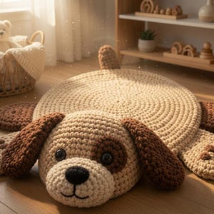 May include: A round, crocheted rug shaped like a puppy, featuring a beige body, dark brown ears, a dark brown eye patch, and a black nose. The rug has four paws with dark brown paw pad details and a small tail, crafted from thick yarn.