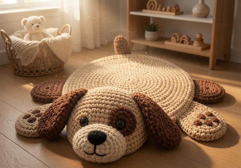 May include: A round, crocheted rug shaped like a puppy, featuring a beige body, dark brown ears, a dark brown eye patch, and a black nose. The rug has four paws with dark brown paw pad details and a small tail, crafted from thick yarn.