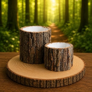 Puede incluir: Dos macetas cilíndricas con exteriores de corteza de árbol marrón rugosa e interiores blancos lisos. Las macetas son de diferentes alturas y están colocadas sobre una base de madera circular que muestra anillos de crecimiento.