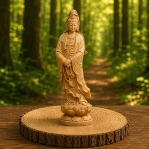 Puede incluir: Una estatua de madera tallada de una figura serena, posiblemente una deidad, de pie sobre una base de flor de loto. La figura sostiene un collar de cuentas y está envuelta en túnicas fluidas. La estatua se exhibe sobre una rodaja de madera, con un fondo borroso de bosque.