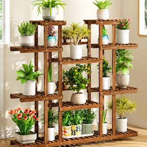 May include: A multi-tiered dark brown wooden plant stand featuring a grid-like structure with various shelves holding numerous potted plants, including green foliage, small citrus trees, and flowering plants in white, gray, and patterned pots.