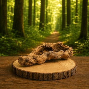 Peut inclure: Un morceau de bois flotté brun clair, patiné, avec un centre creusé et une surface rugueuse et texturée, reposant sur une tranche de bois circulaire coupée à plat avec des cernes visibles et de l'écorce sur le bord extérieur.