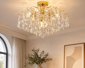 Gold Kristall Deckenleuchter - Moderne Unterputz LED Beleuchtung für Wohnzimmer