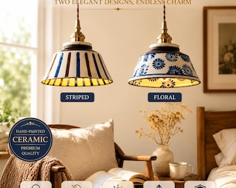Hand-Painted Ceramic Pendant Light – Floral Blue Vintage Home Decor, Warm Lighting
