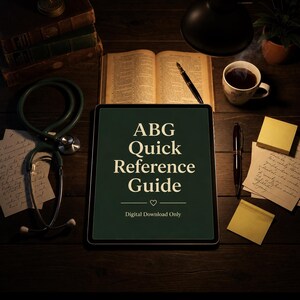 May include: A digital tablet displays "ABG Quick Reference Guide" on a dark green background. A stethoscope, books, coffee cup, pens, and sticky notes are arranged on a dark wooden surface.