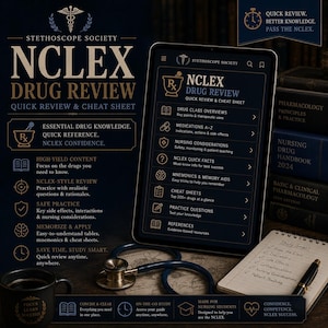 Puede incluir: Imagen educativa con una tableta que muestra "NCLEX Drug Review", un estetoscopio y una taza de café. La tableta muestra temas de estudio como descripciones generales de clases de medicamentos y preguntas de práctica. Libros de farmacología y enfermería en el fondo.