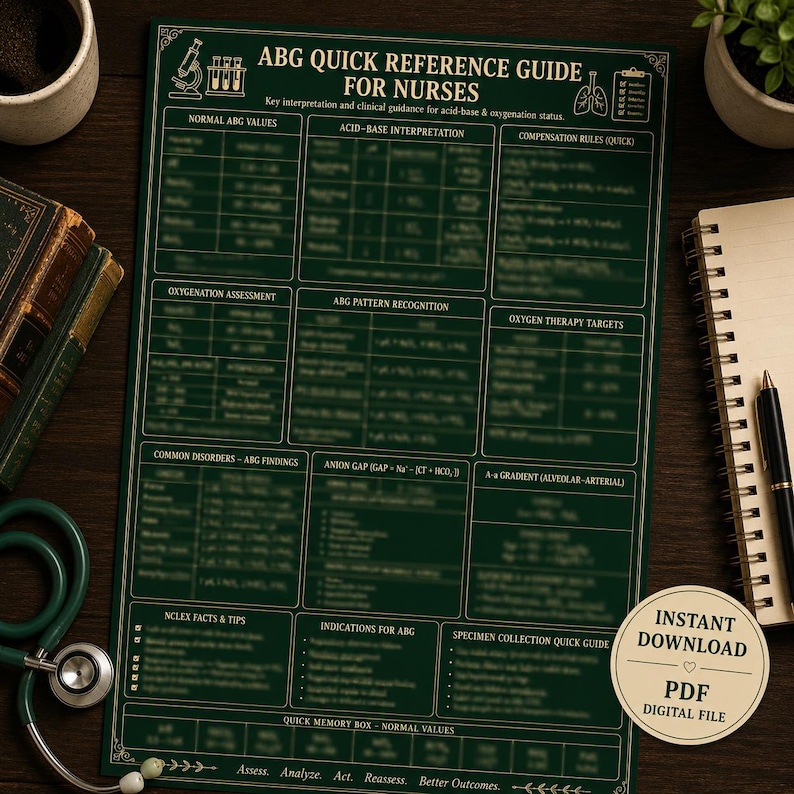 May include: A dark green reference guide for nurses, featuring detailed information on ABG (Arterial Blood Gas) interpretation and oxygenation. The guide includes sections on normal values, acid-base interpretation, and oxygen therapy targets. The text "ABG Quick Reference Guide for Nurses" is at the top.