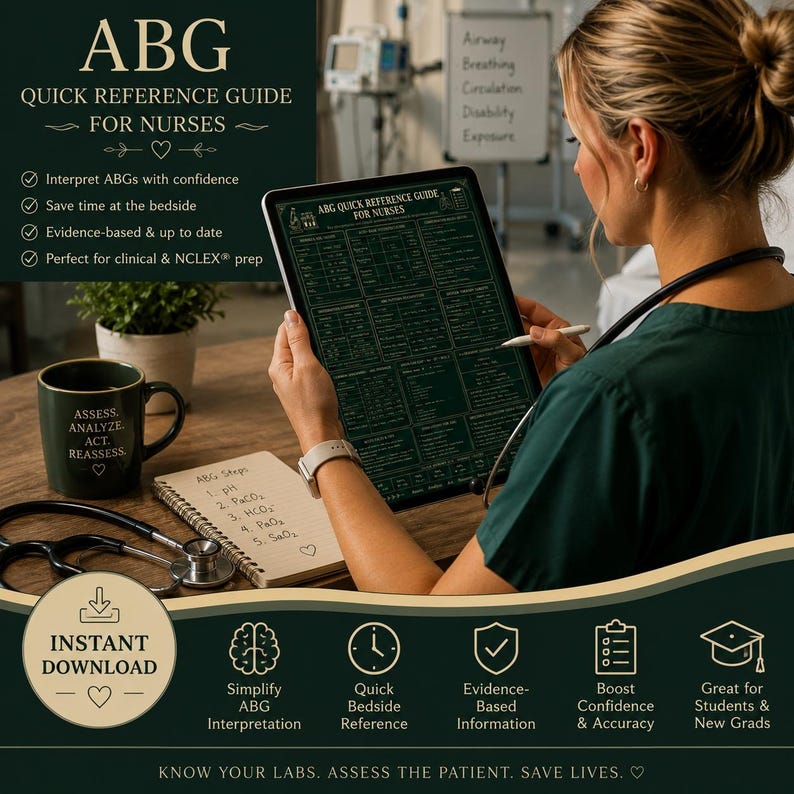 May include: A nurse reviews an ABG Quick Reference Guide on a tablet. The guide is designed for nurses and includes information on interpreting ABGs with confidence, saving time, and evidence-based information. A coffee mug and a notepad with ABG steps are also visible.