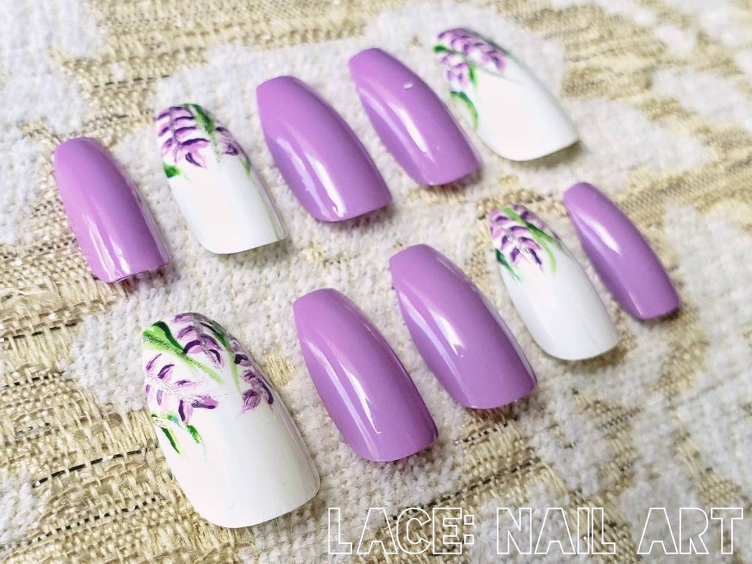 Lilac Flower False Nails Purple White & Green Leaves Hand - Etsy