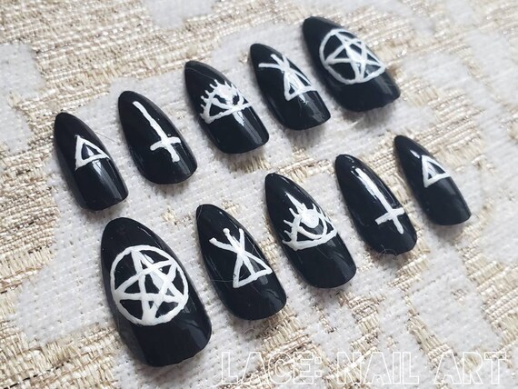 Occult Wiccan False Nails Halloween Nails Black White Etsy