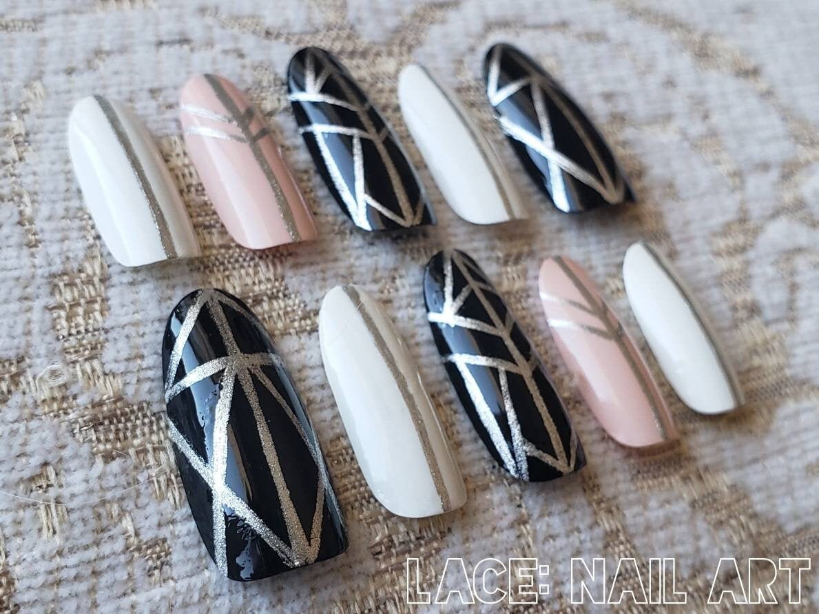 Geometric Silver Line Art False Nails Black Pink & White - Etsy