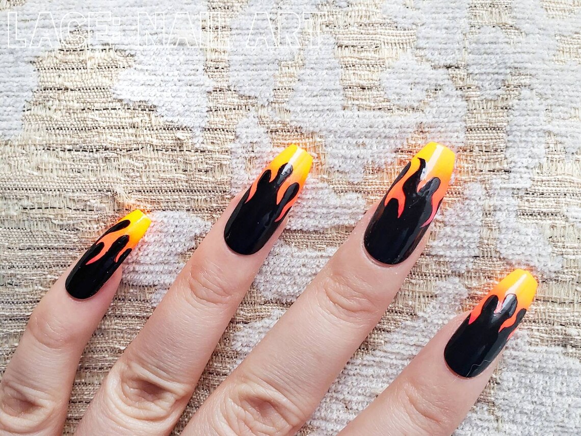 Hot Fire Flames False Nails Bright Gradient & Black Flame | Etsy