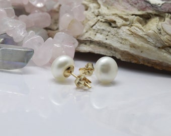 Pearl Earrings, 8mm Freshwater cultured white pearls, 14k gold-filled studs, Bridal Earrings, Wedding Jewelry, June Birthday, Mother's Day