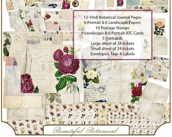 Beautiful Botanical Printable Junk Journal Kit, Vintage, Garden, Postcard, French, Scrapbook, Card, Mini Album, Hybrid, ATC Card, Shabby,